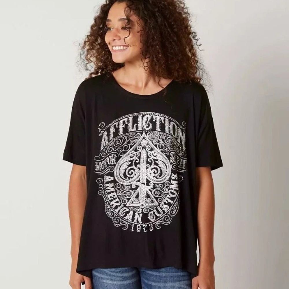 Affliction Black Death Spade rhinestone cutout back graphic tee size XL